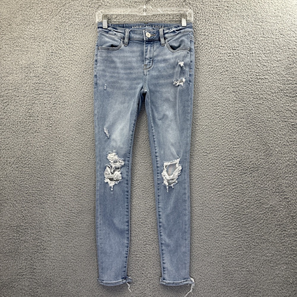 American Eagle Jegging Jeans Distressed Stretch Mid Rise Light Wash Women 2 x 27